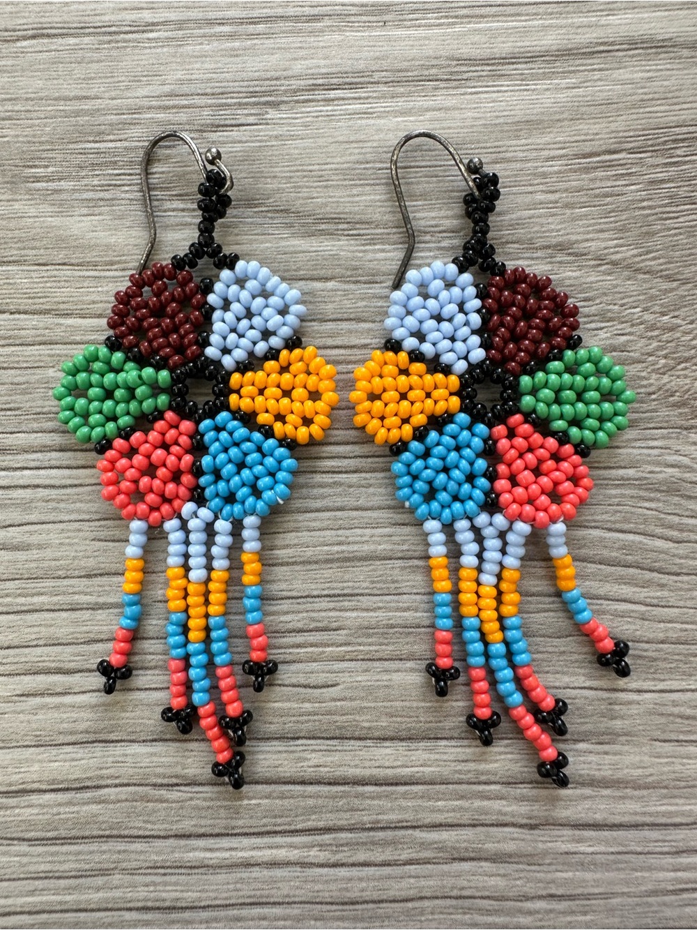 Handmade Huichol Glass Beaded Flower Fringe Earrings Boho 3” Festival Pride